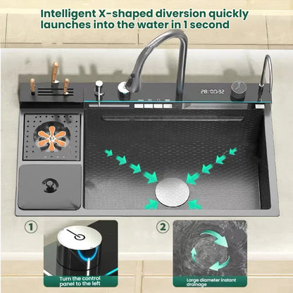 Large Single Slot Waterfall Stainless Steel Kitchen Sink With a Knife Holder and Trash Can Household Vegetable Washer Basin