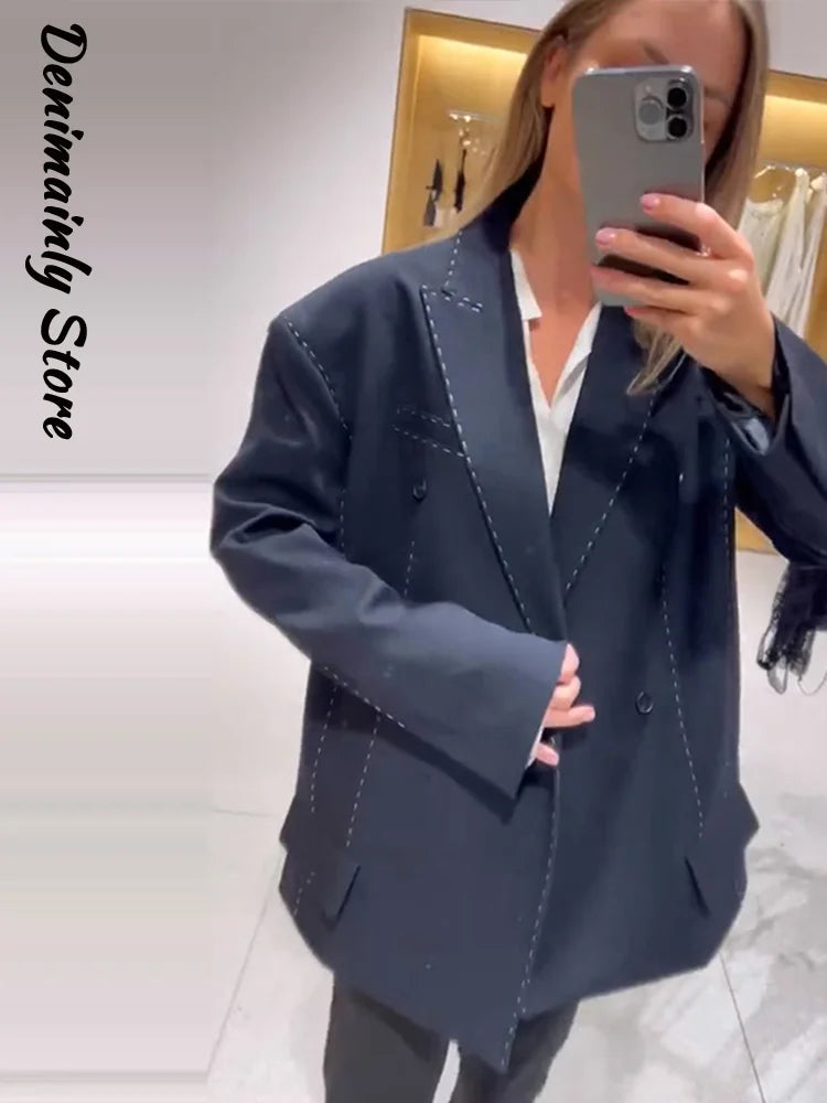 Fashion Line Suit Pants Set Women Lapel Full Sleeve Double Breast Pocket Blazer Straight Trousers 2025 Autumn Winter Lady Outfit.