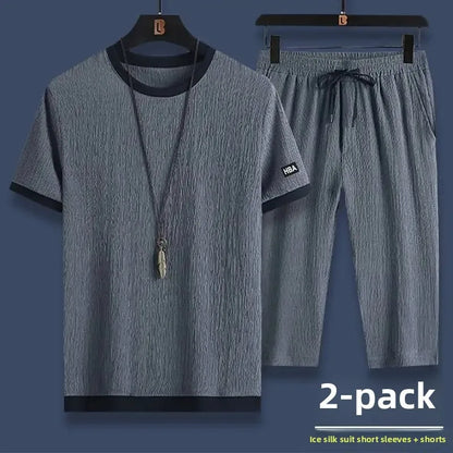 Summer Casual Ice Silk Short Sleeve T-Shirt Shorts Set for Men Fashionable Two-Piece Outfit Lightweight Sportswear Combo