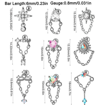 1PC 316L Surgical Steel Star Water Drop Heart CZ Chain Ear Cartilage Tragus Helix Stud Earring Daith Lobe Piercing Body Jewelry.