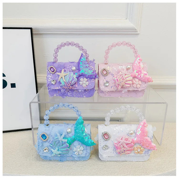 Lovely Sequin Girls Square Shoulder Bag Fish Tail Starfish Princess Crossbody Bags Bead Handle Children's Small Handbags Purse
