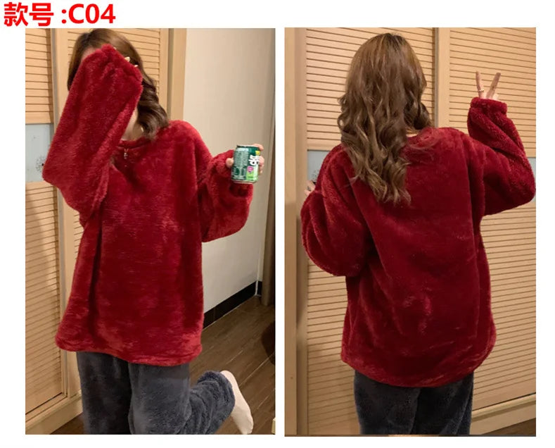 Winter Fleece Women Pajamas Set  Sleepwear Solid Velvet 2 Piece Pant Home Suit Fluffy Casual Warm Flannel Night Wear