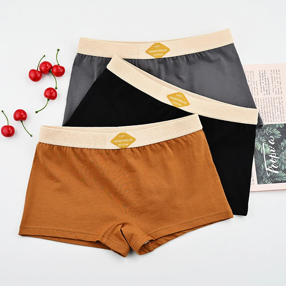 3PCS/Pack 100% Cotton Multicolor Solid Women's Boxer Knit Breathable Panties Underwear Soft High Elastic Mid-rise Thin Boyshorts.