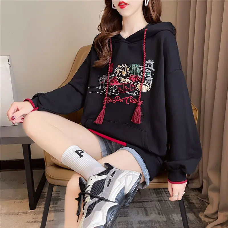 Embroidered Hoodies Sweatshirt for Women Chinese Style Cheap on Promotion Y 2k Vintage Coat Spring and Autumn Woman Hooded Tops.