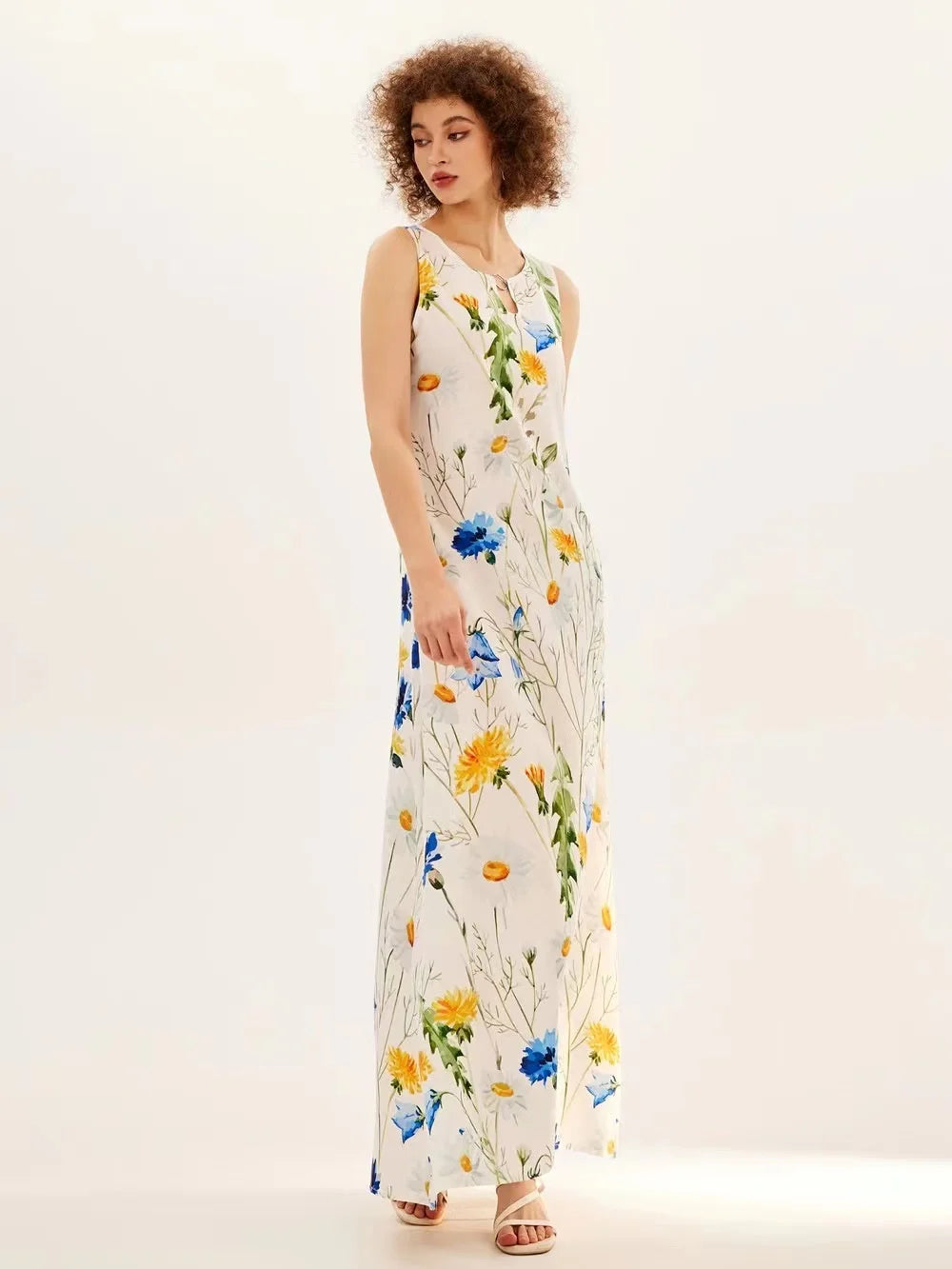 Blumendruck Neues lässiges ärmelloses langes Kleid Damen V-Ausschnitt bedrucktes Kleid Swing Bohemian Retro Kleider
