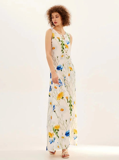 Blumendruck Neues lässiges ärmelloses langes Kleid Damen V-Ausschnitt bedrucktes Kleid Swing Bohemian Retro Kleider