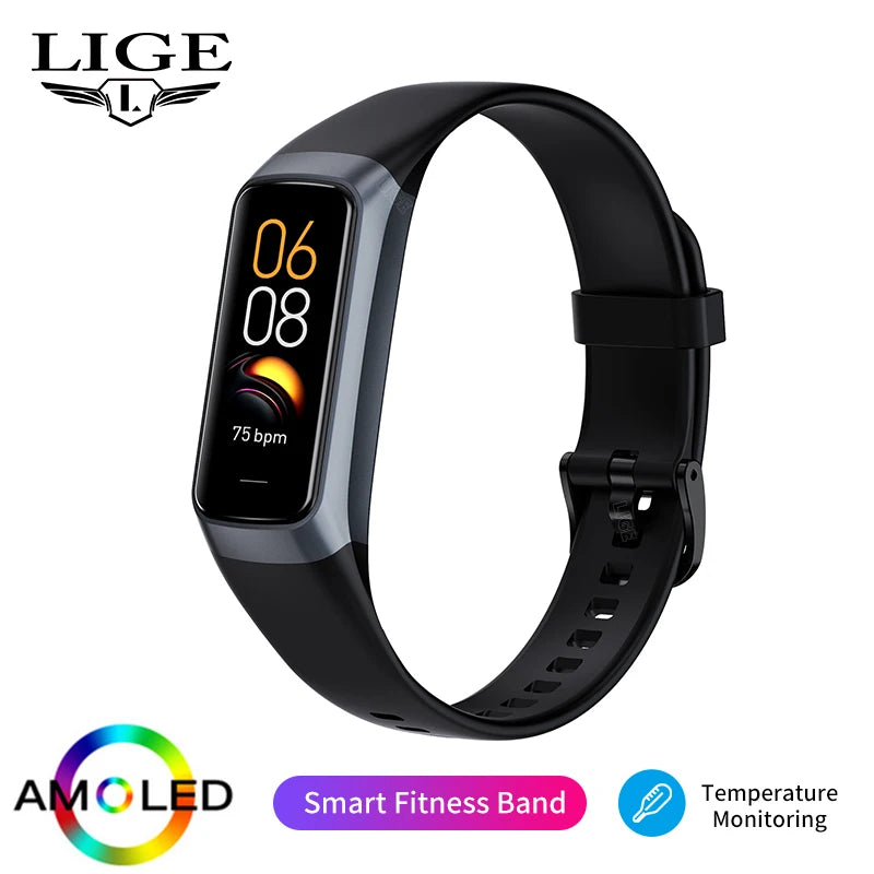 LIGE Amoled Smart Watch Smartwatch Band Women Heart Rate Blood Waterproof Connected Smart Bracelet Sport Fitness Tracker  Watch