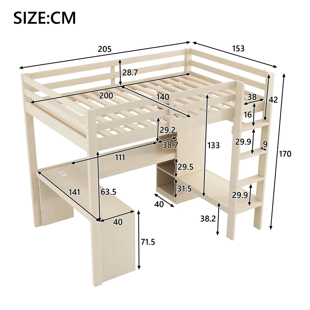 Modernes Kinder-Hochbett 140 x 200 mit Multifunktionsregalen, Unterbett-Schreibtisch, LED-Licht und USB, Kleiderschrank mit Stauraum, für Schlafzimmer
