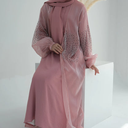 Oem New Design Shinning Polyester Open Abaya and Inner Dress 2 Piece Abaya Set Islamic Clothing Women Muslim Dress.