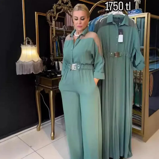 Jumpsuit Full Sleeve Turn Down Collar Office Lady Buttons The Waist Jumpsuits for Women 2024 One Piece Wide Leg Pants Rompers.