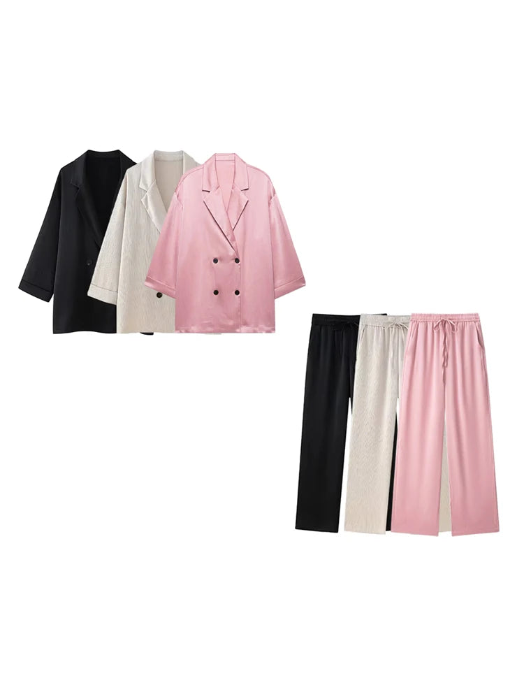 Women's Double-Breasted Loose Blazer Coat and High Elastic Waist Wide Leg Pants, Female Two Piece Sets, Fashion.