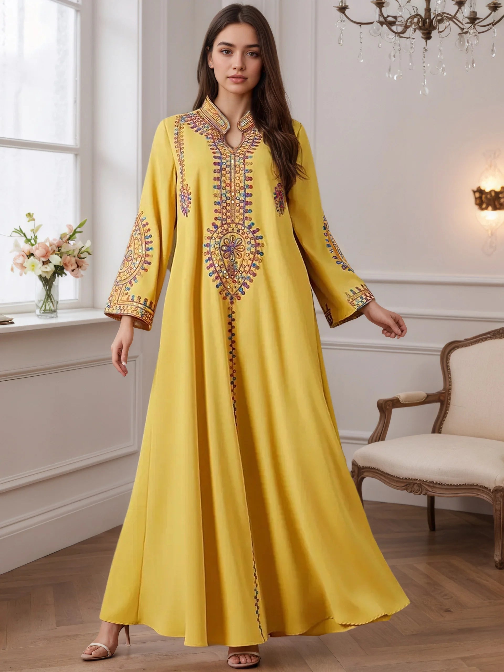 Dubai 2025 Hot Sell Moroccan Islam Women Style Yellow Abaya Intricate Hand Embroidered Patterns for Arabian Cultural Gatherings.