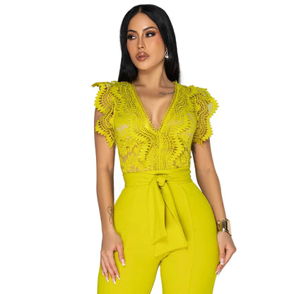 Summer Fashion Lace High Waisted Jumpsuit Women Elegant OL Lace Sleeveless Waistband Straight Jumpsuit Women