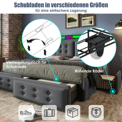 KOMHTOM Doppelbett Baumwolle - LED-Kopfteil, USB C Ladefunktion, 4 Schubladen, ohne Matratze