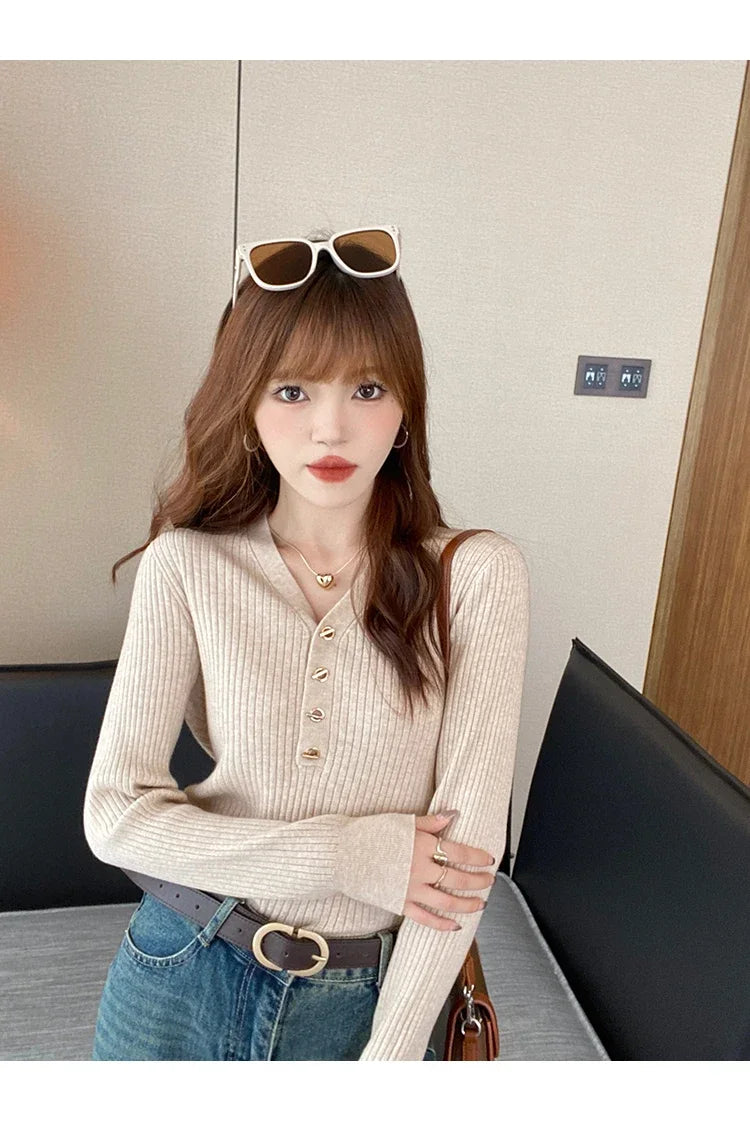 2025 Autumn Winter Women Sweaters Casual Slim Button Knitted Pullover Sweater Femme Basic Solid Jersey Tops Fashion Clothes