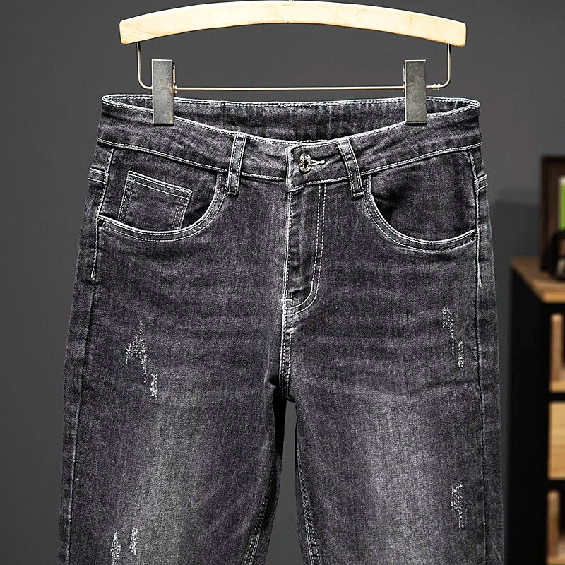 2024 New Spring Autumn Men's Nine-Point Pants Slim Jeans Fashion Casual Denim Trousers Smoke Gray Blue Gray Brand Clothing.