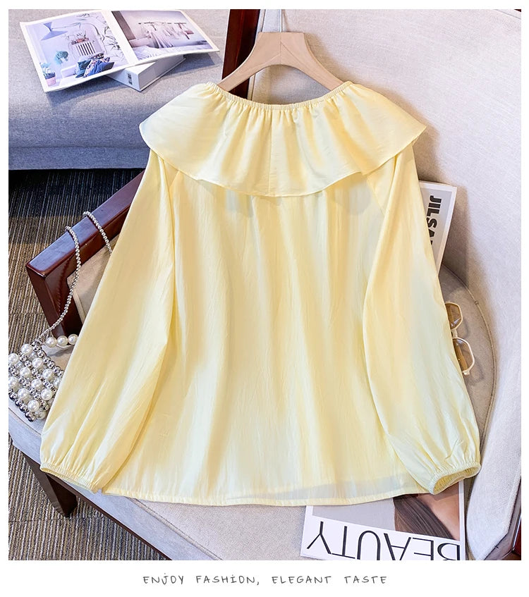 2025 French Large Size Long Sleeve O-neck Solid Color Loose Ruffle Shirt Ladies Spring Autumn Plus Size Blouses for Women.
