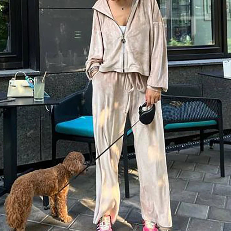 Women Autumn Hooded Coat Two Pieces Sets, Solid Patchwork Wide Leg Pants Chic Outfit, New Long Sleeve Casual Simple Ladies Suits