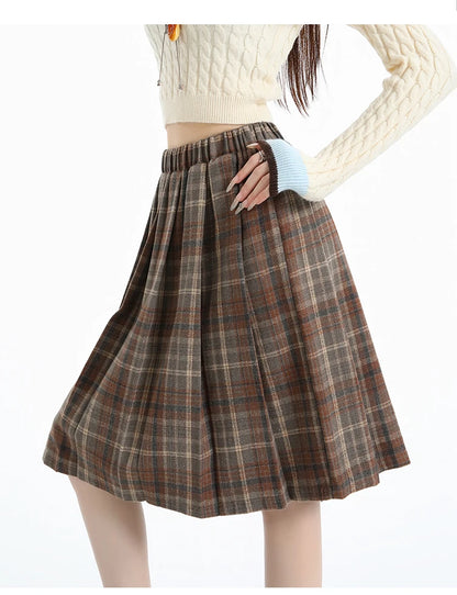 Preppy Style Woolen Pleated Plaid Skirt Women Fall Winter Retro Elastic High Waist Skirts Female Japanese A Line Faldas 2025 New.