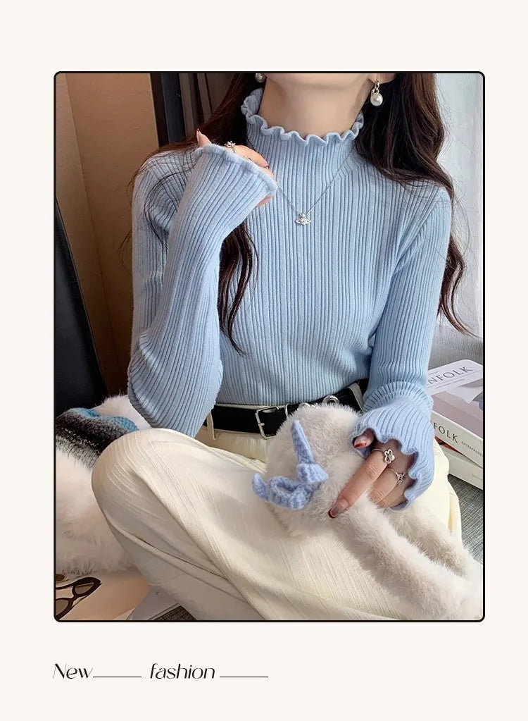 2025 Autumn Winter Women Half Turtleneck Fashion Wooden Ear Pullover Knitted Tops Long Sleeve O Neck Slim Warm Sweater Female.