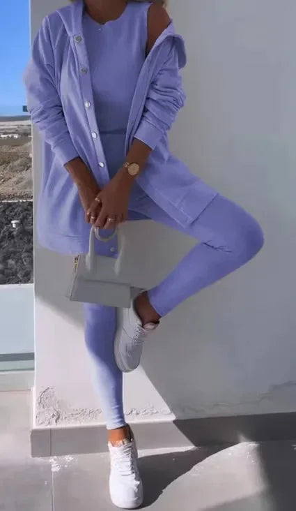 Women 3pcs Clothes Set Solid Color Sports Singel Breasted Shirt Jacket & Sleeveless Cami Tank Top & Slim Skinny Pants.