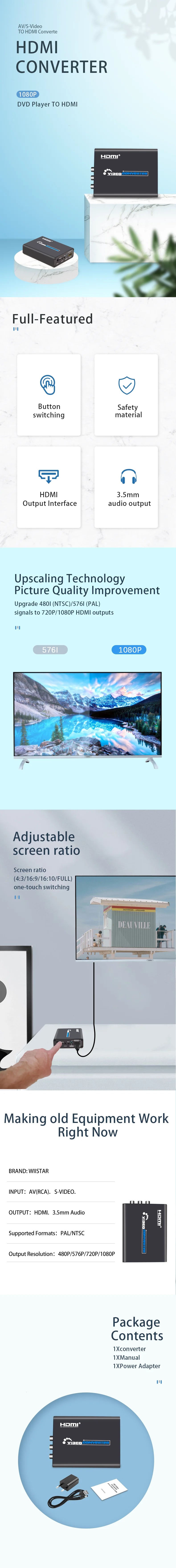 Wiistar AV+S-VIDEO to HDMI Converter 1080P/720P HD Video Adapter for DVD/PS2/WII/XBOX360 with Audio Output & Aspect Ratio Switch.