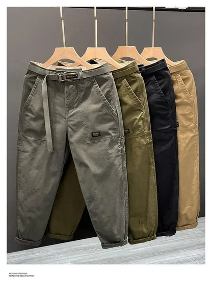 Autumn Summer Wide Leg Cotton Work Trousers Men's Cone Straight Loose Wear Resistant Pocket Pants Retro Wash Casual Workwear.