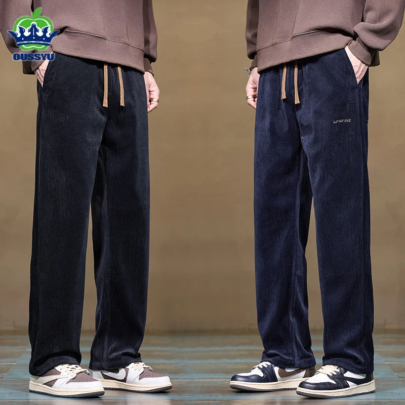 Autumn Winter Men's Corduroy Pants Elastic Waist Fashion Stretch Loose Straight Black Grey Thick Trousers Male Plus Size M-5xl.