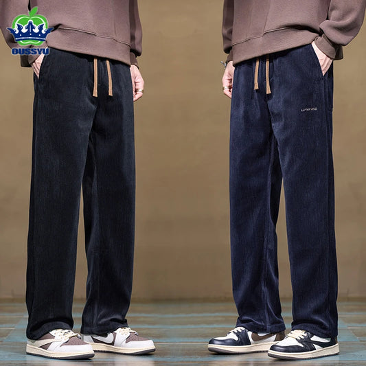 Autumn Winter Men's Corduroy Pants Elastic Waist Fashion Stretch Loose Straight Black Grey Thick Trousers Male Plus Size M-5xl.