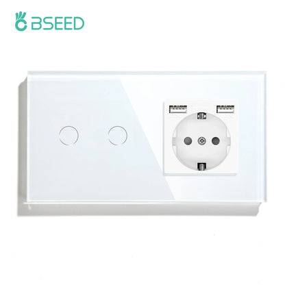 BSEED Touch-Lichtschalter, EU-Standard-Wandsteckdose mit USB Typ-C-Kristallglasscheibe, weiße Farbe, Netzstecker, 1/2/3 Gang-Schalter.