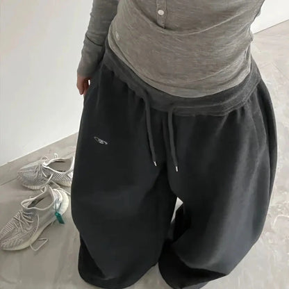 Oversize Cotton Pants Woman Y2K Casual Drawstring Trousers Korean Streetwear High Waist All Match Jogger Pants Grey Sweatpants