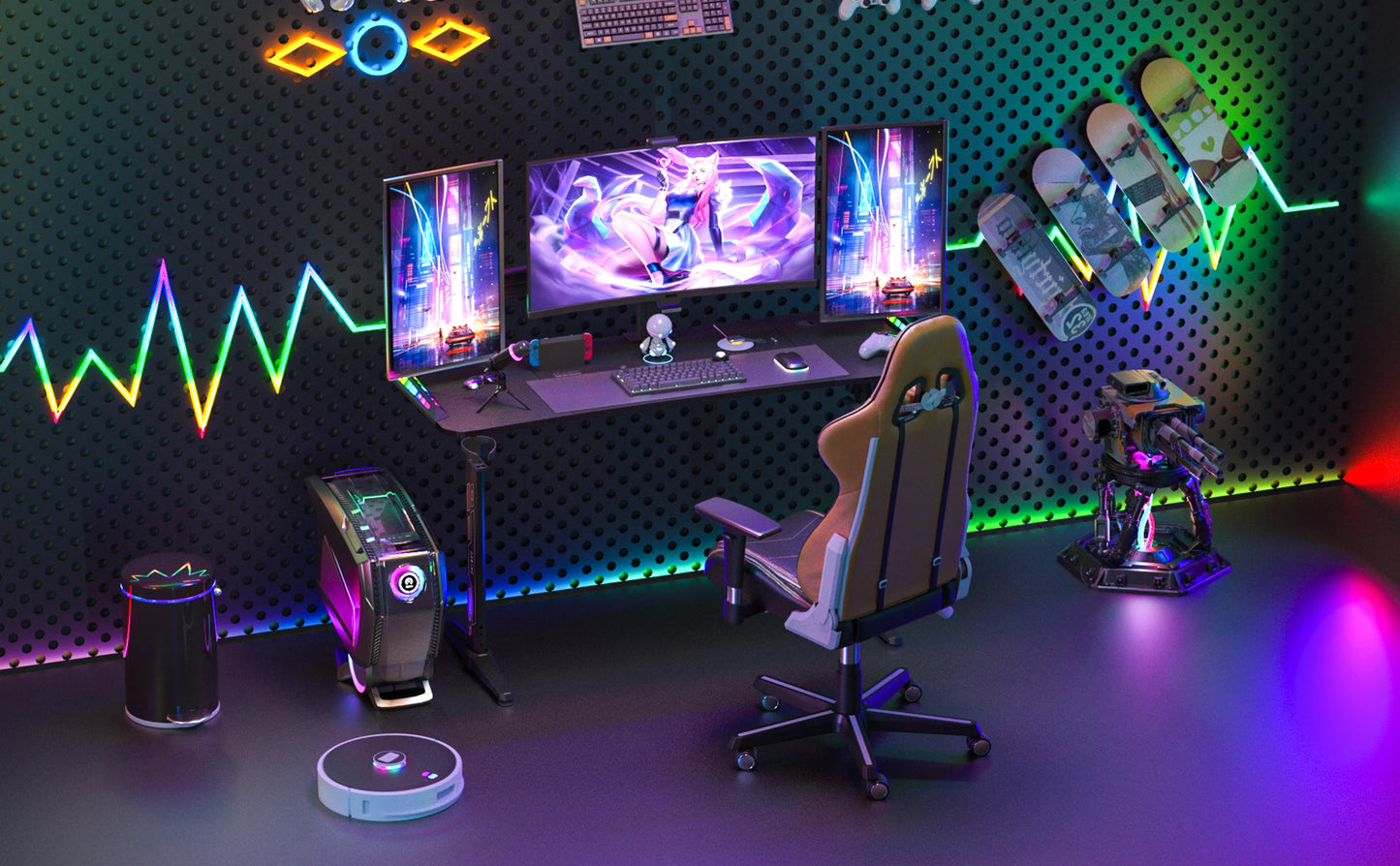 Höhen verstellbarer Gaming-Schreibtisch Stehpult, großer Gaming-Computer-Schreibtisch mit RGB-LED-Leuchten für Spiele und Home Office, schwarz