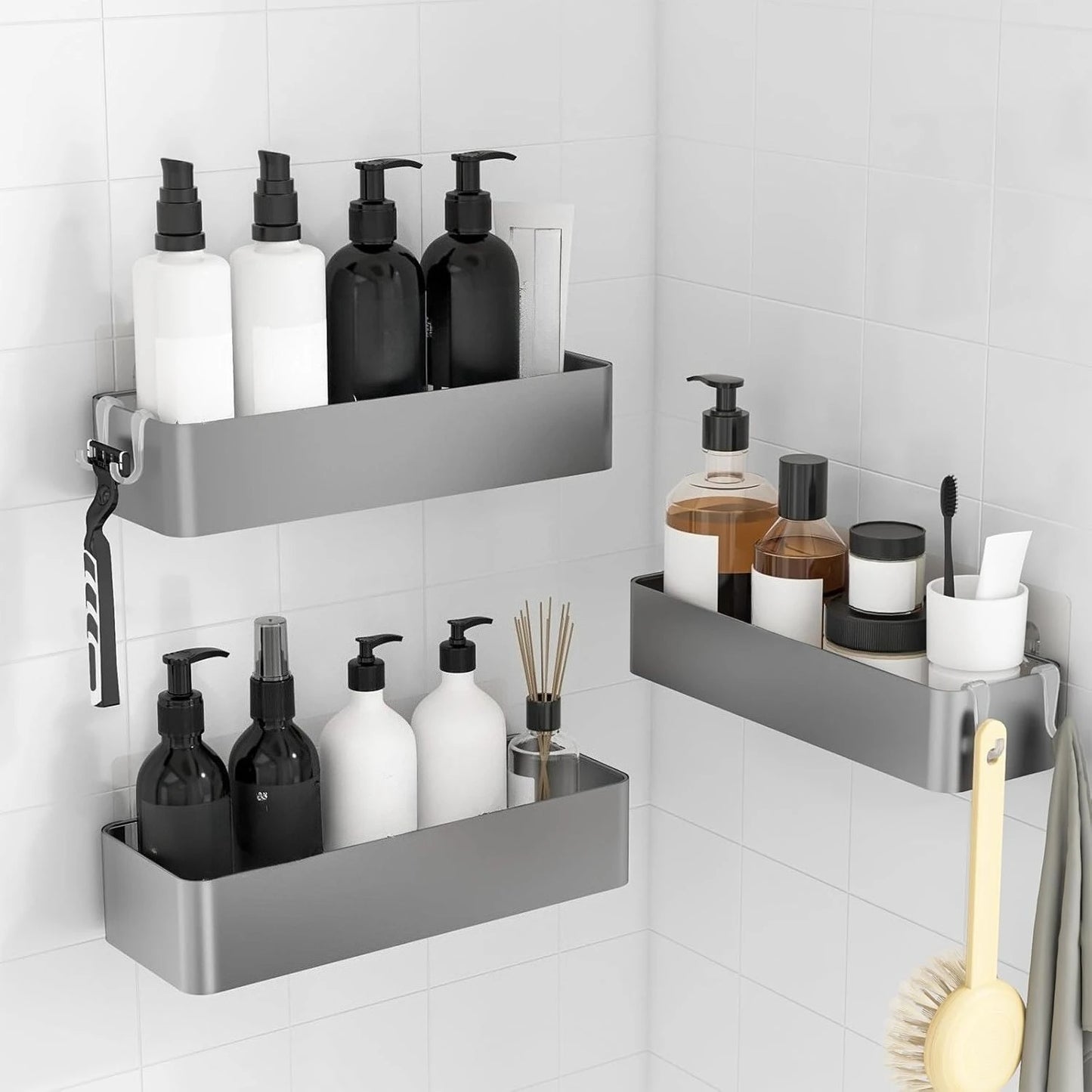 Duschregal ohne Bohren – 2-teiliges Anti-Rost-Badezimmer-Aufbewahrungsregal, bügelfreies, schnell trocknendes Badezimmerregal mit großer Kapazität