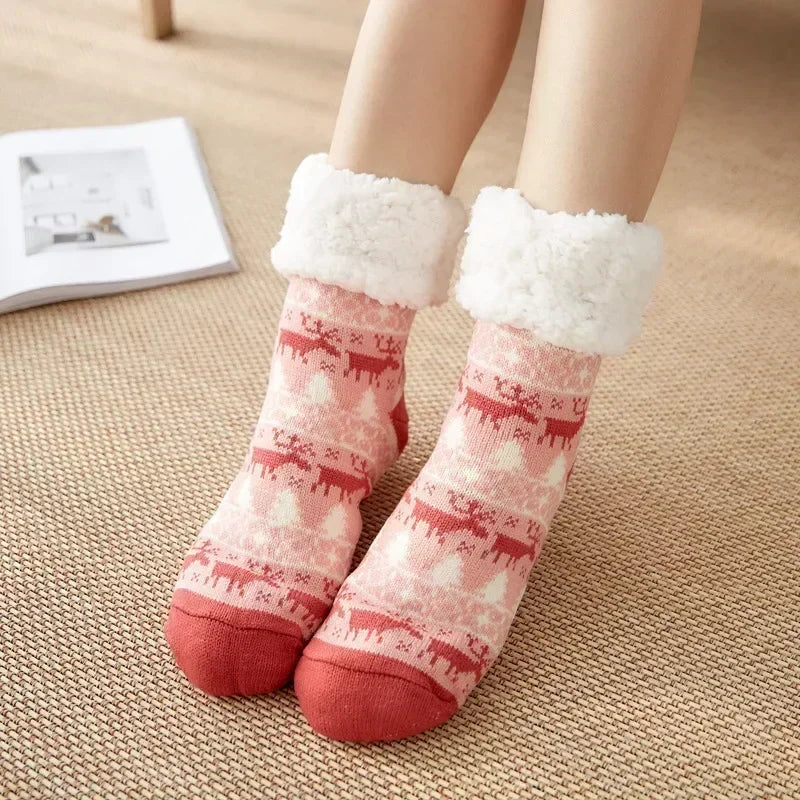 Fuzzy Fluffy Sock Women Winter Christmas Gift Warm Plush Non slip Home Sleeping Soft Female Floor Thermal Slipper Sock Snowflake.