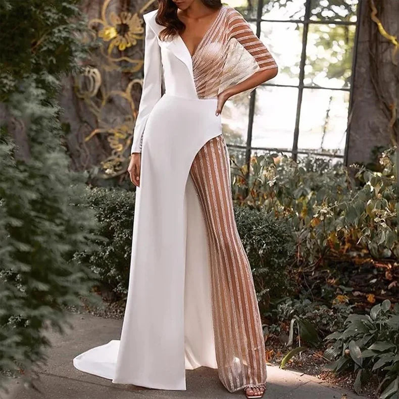 2024 Spring New Women's Clothing Amazon V-Neck Lace Irregular Gown Jumpsuit Colorful Blocks Inverted Pleated Prom Gowns.