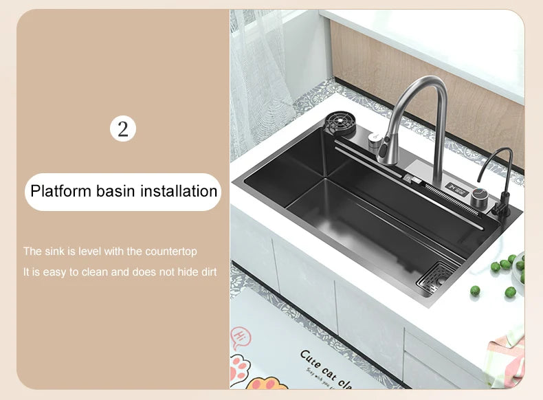 Waterfall Sink Kitchen Stainless Steel Topmount Sink Large Single Slot Wash Basin With Multifunction Touch Waterfall Faucet