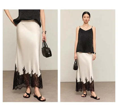 Mia Girl Elegant Satin Long Skirts for Women Oversize Lace Patchwork High Waist A-line Skirt French Style Summer Chic Lady Skirt.