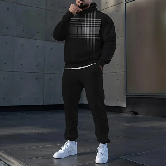 Simple Stripe Print Men's Hoodies Sets Autumn Winter Casual Sweatshirt Pants 2 Piece Fashion Tracksuits Outdoor Street Clothing.