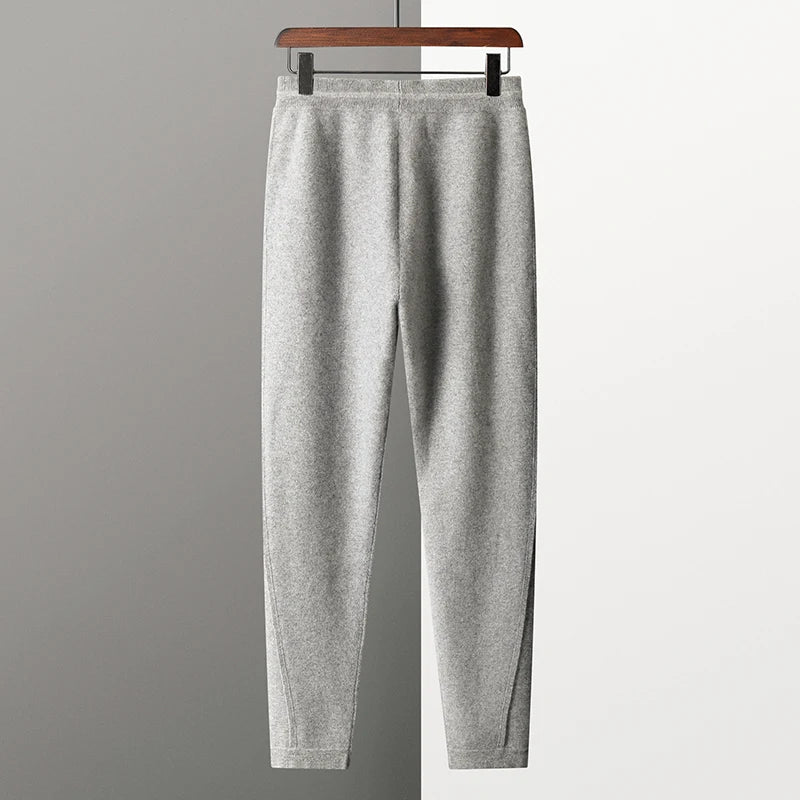 Thickened Four-Point Split Wear-Resistant 100% Cashmere Knitted Pants for Men with Pockets Elastic Waist Drawstring Slim Pants.
