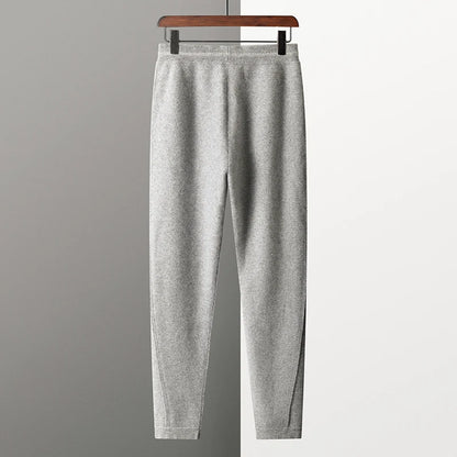 Thickened Four-Point Split Wear-Resistant 100% Cashmere Knitted Pants for Men with Pockets Elastic Waist Drawstring Slim Pants.