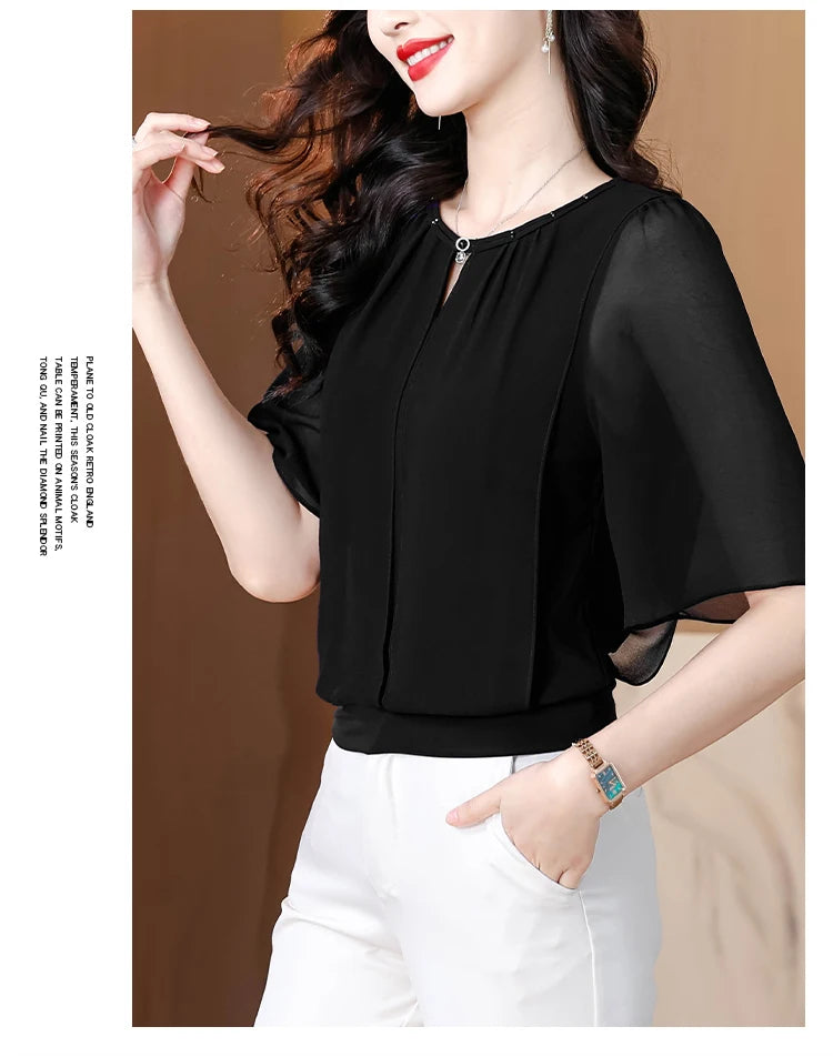 Summer Clothing Half Sleeve Chiffon Blouse 2025 New Fashion Loose Women Tops Solid Color Casual Pullovers Shirt.