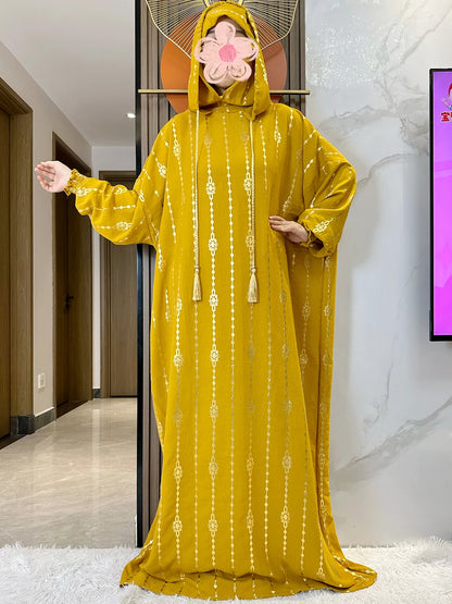 High Grade Cotton Fabric Ramadan Muslim Two-Hat Abaya Dubai Turkey Islam Prayer Clothes Gold Dust Dress Islam Women Dress Kaftan.