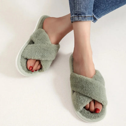 Fashion Cross Strap Fur Slippers Women Indoor Light Warm Plush Home Slippers Woman Faux Fur Flat Heel Couple Slides Plus Size 43