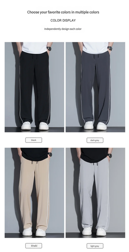 Summer ice silk thin section pants men's Hong Kong style loose splicing casual sports wide-legged pants elastic speed pants.