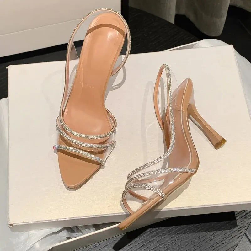 Women Summer Rhinestone Slingback Pumps Office Lady Transparent Heeled Sandals Elegant Pointed Toe Female Sexy High Heels.