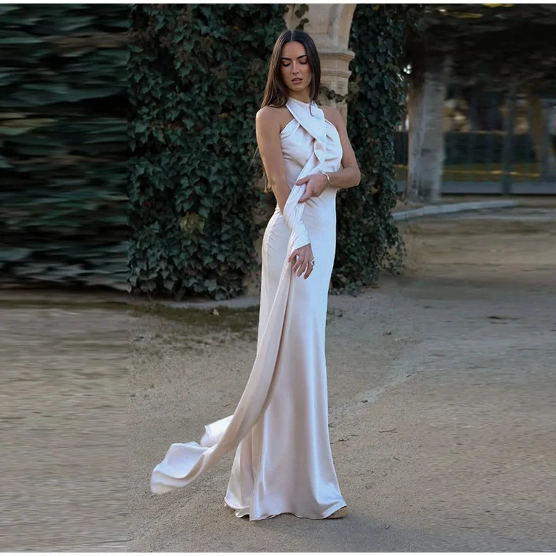Elegante Feste Band Frauen Halfter Kleid Off Schulter Ärmellose Backless Dünne Weibliche Maxi Kleider 2025, Sommer Neue Chic Dame Robe