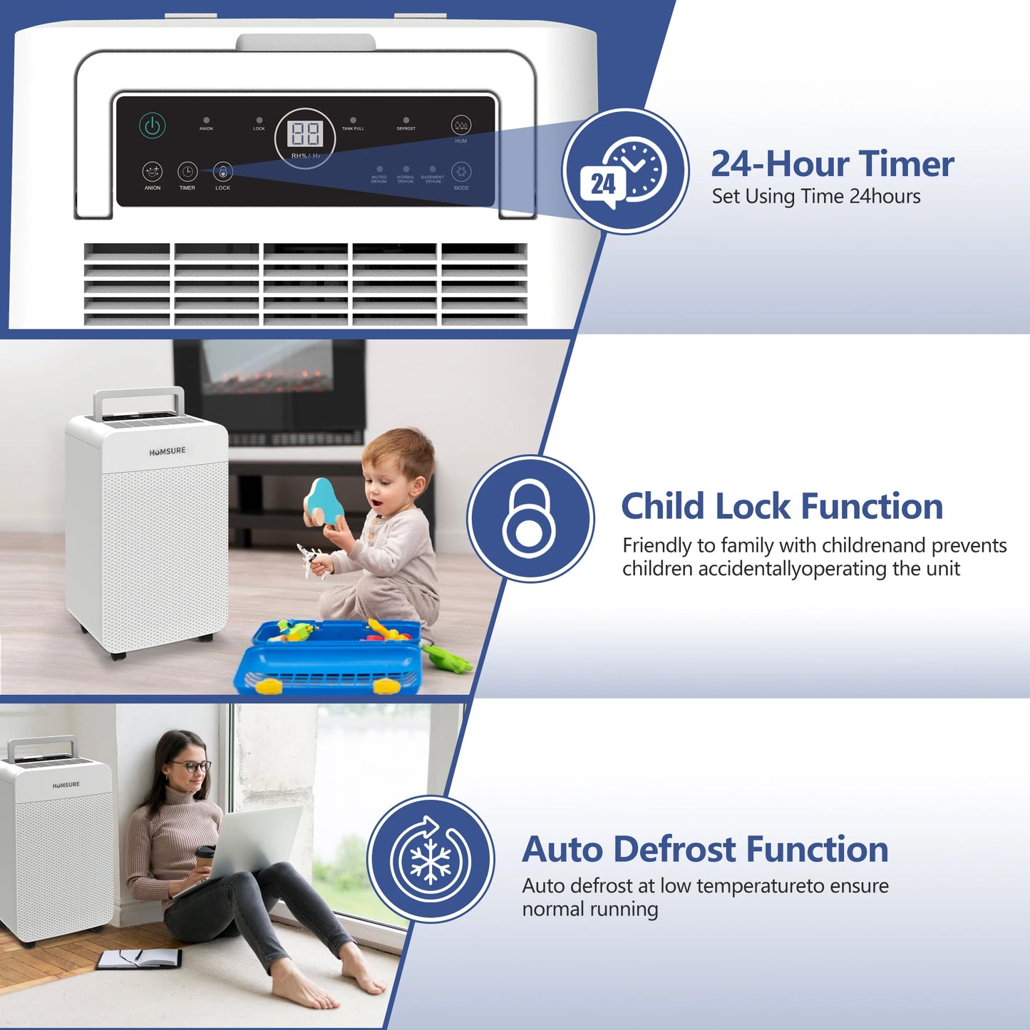 HUMSURE Electric Dehumidifier 25L/24H, Dehumidifier Basement Rooms with 5.5 Litre Water Tank, Timer, Automatic Defrosting.