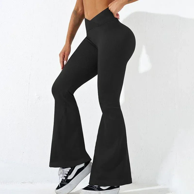 Sexy Slim Flared Pants Cross Waist Legging Women Seamless Gym Running Cycling Knit Yoga Stretch Butt Lift High Waist Pants.