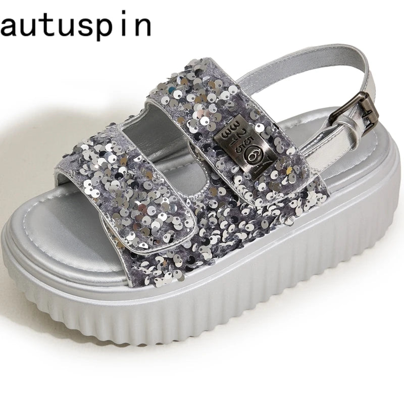 AUTUSPIN 6cm Women Flat Sandals Fashion Platform Ladies Shoes Bling Bling Sequined Cloth Female High Heels Chunky Rome Sandalias.