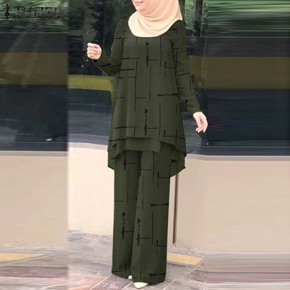 ZANZEA Muslim Women Pant Sets Islamic All-over Printed Long Top and Wide Leg Pant 2pcs Outfits Vintage Elegant 2-Pieces Suits.